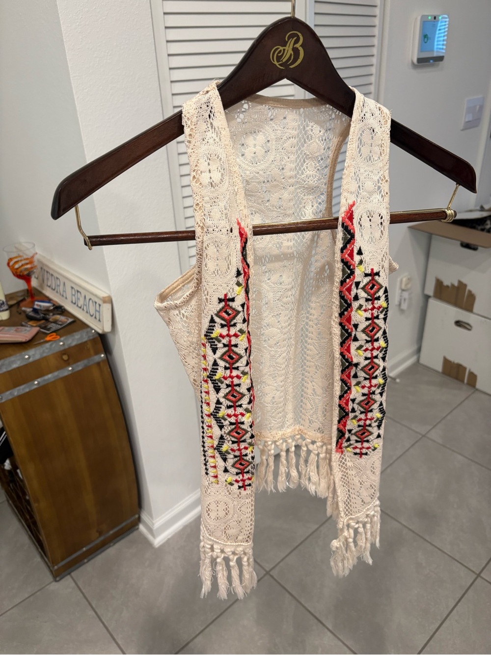 Urban Outfitters Cream Crochet Fringe Vest with Multicolor Embroidery